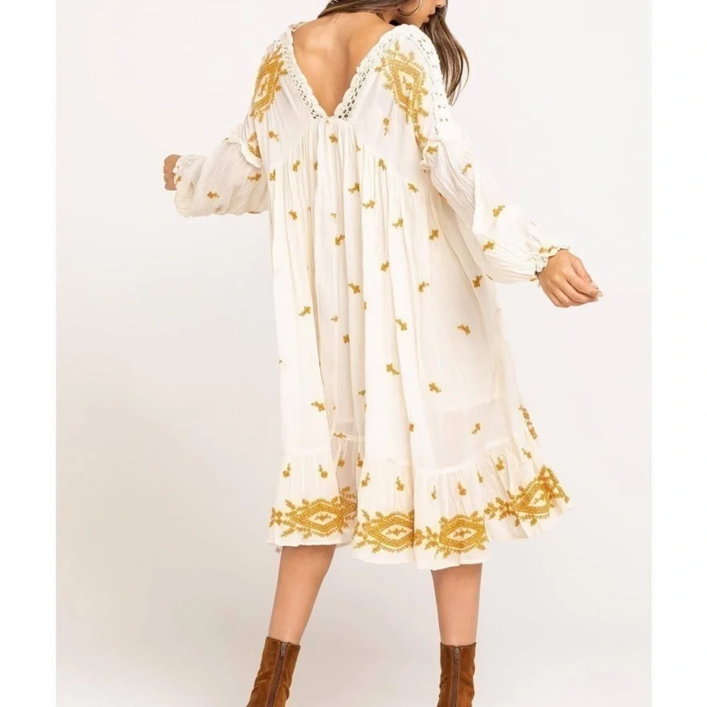 Free people oversized embroidered mp a line midi swing dress xs/s mustard ivory